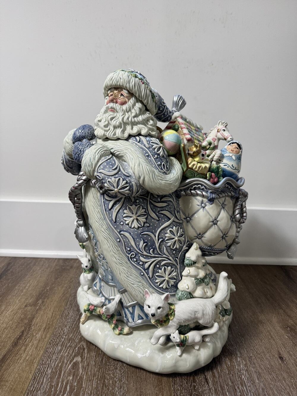 Vintage Fitz & Floyd Crystal Winter Blue Santa Cookie Jar 20” Tall W/ Box